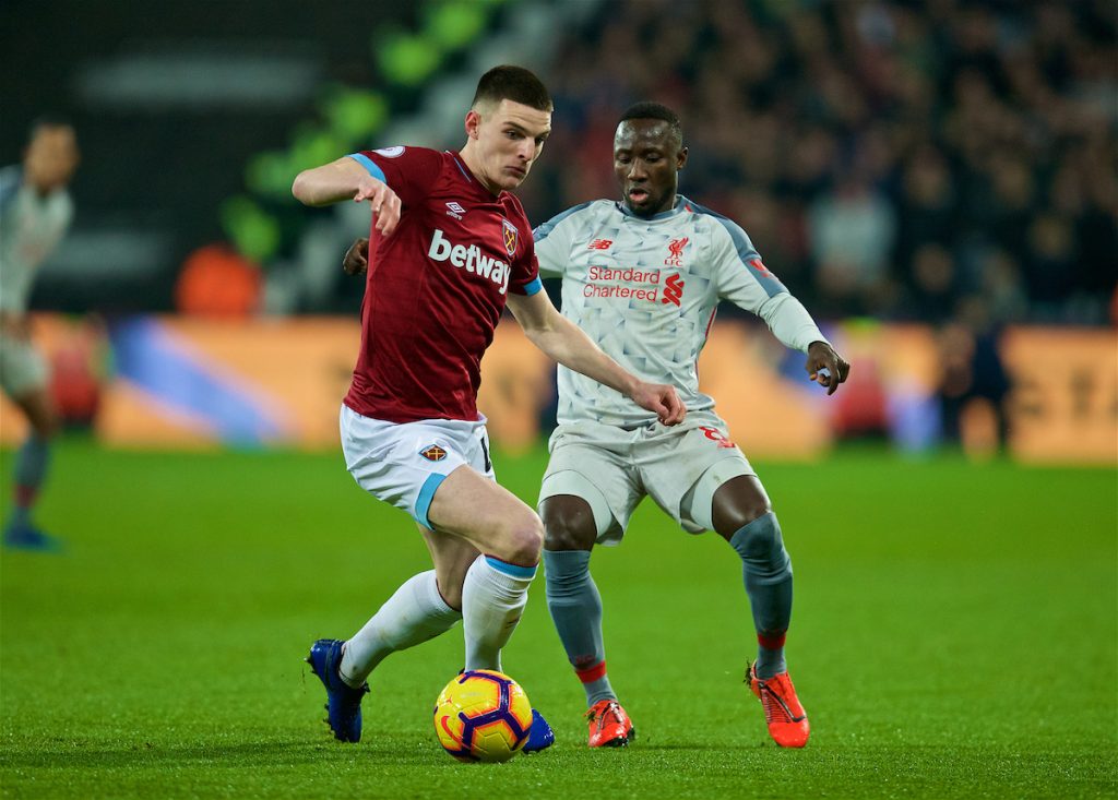 LONDON, ENGLAND - Monday, February 4, 2019: West Ham United's Declan Rice (L) and Liverpool's Naby Keita (R) during the FA Premier League match between West Ham United FC and Liverpool FC at the London Stadium. (Pic by David Rawcliffe/Propaganda)