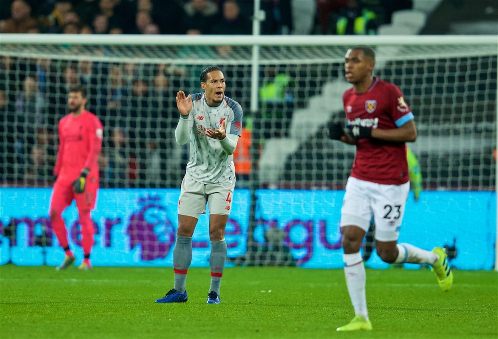 LONDON, ENGLAND - Monday, February 4, 2019: Liverpool's Virgil van Dijk looks dejected as West Ham United score an equalising goal during the FA Premier League match between West Ham United FC and Liverpool FC at the London Stadium. (Pic by David Rawcliffe/Propaganda)