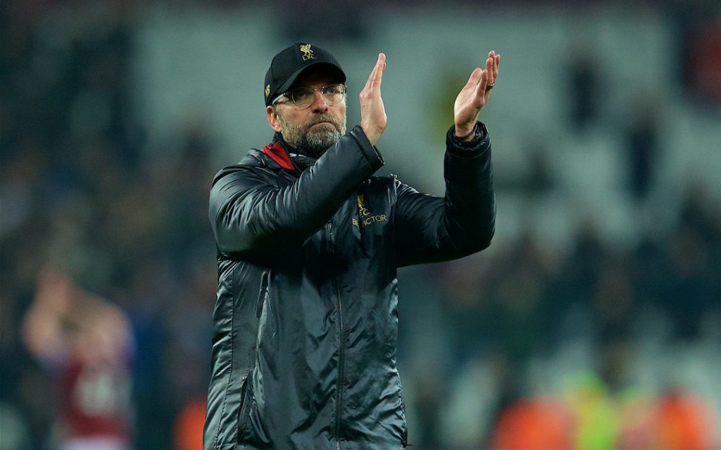 LONDON, ENGLAND - Monday, February 4, 2019: Liverpool's manager Jürgen Klopp applauds the supporters after the 1-1 draw during the FA Premier League match between West Ham United FC and Liverpool FC at the London Stadium. (Pic by David Rawcliffe/Propaganda)