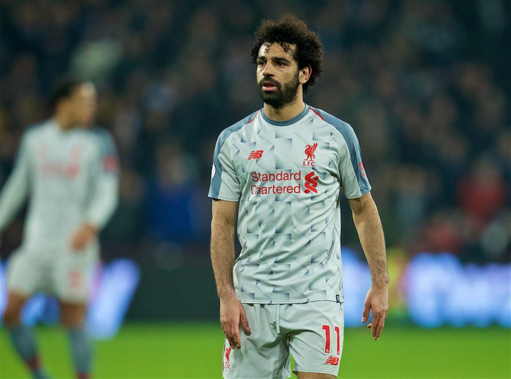 LONDON, ENGLAND - Monday, February 4, 2019: Liverpool's Mohamed Salah looks dejected during the FA Premier League match between West Ham United FC and Liverpool FC at the London Stadium. (Pic by David Rawcliffe/Propaganda)