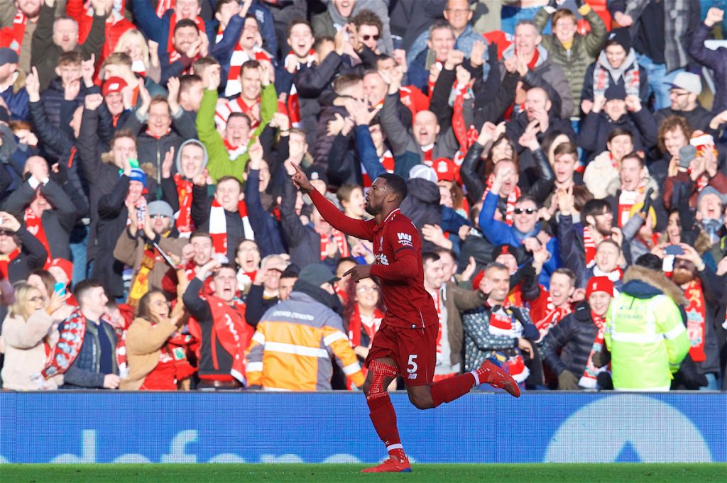 LIVERPOOL, ENGLAND - Saturday, February 9, 2019: Liverpool's Georginio Wijnaldum celebrates scoring the second goal during the FA Premier League match between Liverpool FC and AFC Bournemouth at Anfield. (Pic by David Rawcliffe/Propaganda)