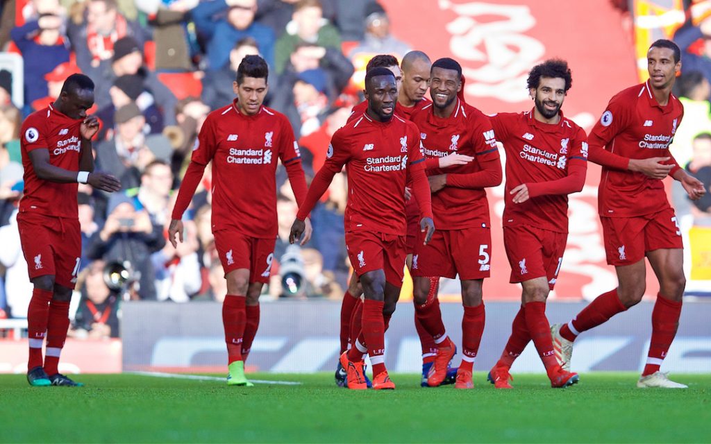 LIVERPOOL, ENGLAND - Saturday, February 9, 2019: Liverpool's Georginio Wijnaldum celebrates scoring the second goal with team-mates during the FA Premier League match between Liverpool FC and AFC Bournemouth at Anfield. (Pic by David Rawcliffe/Propaganda)