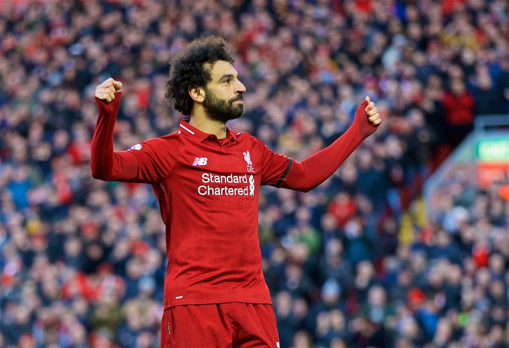 LIVERPOOL, ENGLAND - Saturday, February 9, 2019: Liverpool's Mohamed Salah celebrates scoring the third goal during the FA Premier League match between Liverpool FC and AFC Bournemouth at Anfield. (Pic by David Rawcliffe/Propaganda)