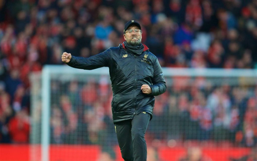 LIVERPOOL, ENGLAND - Saturday, February 9, 2019: Liverpool's manager Jürgen Klopp celebrates after the 3-0 victory over AFC Bournemouth during the FA Premier League match between Liverpool FC and AFC Bournemouth at Anfield. (Pic by David Rawcliffe/Propaganda)