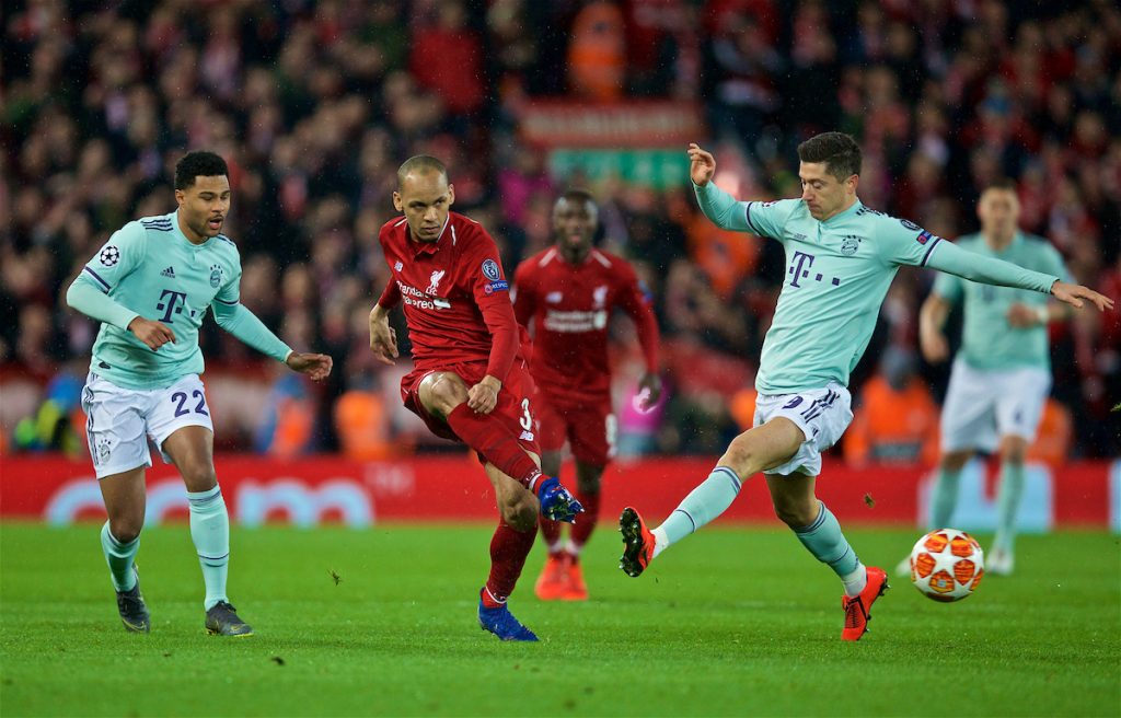 LIVERPOOL, ENGLAND - Tuesday, February 19, 2019: Liverpool's Fabio Henrique Tavares 'Fabinho' shoots during the UEFA Champions League Round of 16 1st Leg match between Liverpool FC and FC Bayern München at Anfield. (Pic by David Rawcliffe/Propaganda)