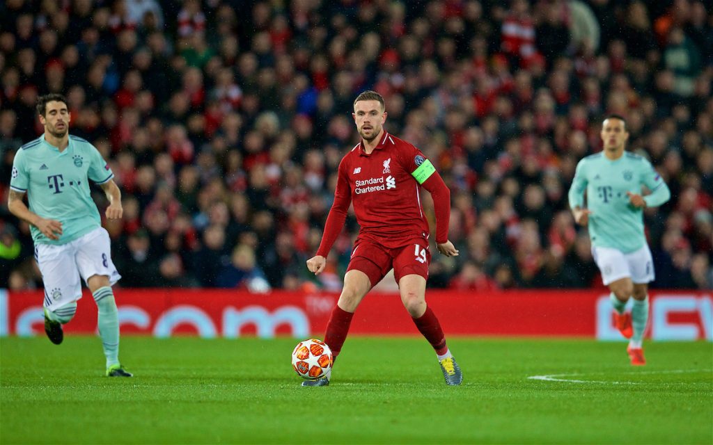 LIVERPOOL, ENGLAND - Tuesday, February 19, 2019: Liverpool's captain Jordan Henderson during the UEFA Champions League Round of 16 1st Leg match between Liverpool FC and FC Bayern München at Anfield. (Pic by David Rawcliffe/Propaganda)