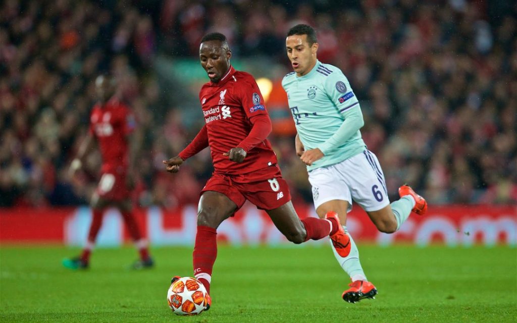 LIVERPOOL, ENGLAND - Tuesday, February 19, 2019: Liverpool's Naby Keita (L) and FC Bayern Munich's Thiago Alcántara during the UEFA Champions League Round of 16 1st Leg match between Liverpool FC and FC Bayern München at Anfield. (Pic by David Rawcliffe/Propaganda)