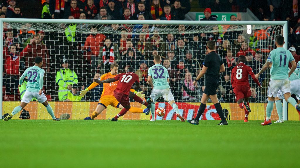 LIVERPOOL, ENGLAND - Tuesday, February 19, 2019: Liverpool's Sadio Mane shoots during the UEFA Champions League Round of 16 1st Leg match between Liverpool FC and FC Bayern München at Anfield. (Pic by David Rawcliffe/Propaganda)