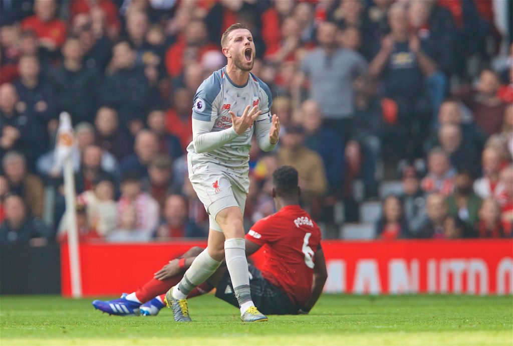 MANCHESTER, ENGLAND - Sunday, February 24, 2019: Liverpool's captain Jordan Henderson reacts during the FA Premier League match between Manchester United FC and Liverpool FC at Old Trafford. (Pic by David Rawcliffe/Propaganda)