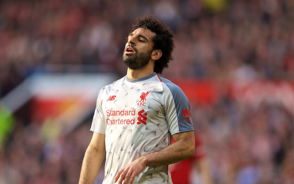 MANCHESTER, ENGLAND - Sunday, February 24, 2019: Liverpool's Mohamed Salah looks dejected during the FA Premier League match between Manchester United FC and Liverpool FC at Old Trafford. (Pic by David Rawcliffe/Propaganda)