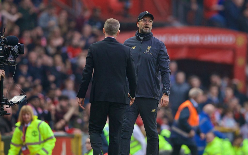 MANCHESTER, ENGLAND - Sunday, February 24, 2019: Liverpool's manager Jürgen Klopp goes to shake hands with Manchester United's manager Ole Gunnar Solskjær (Solskjaer) after the FA Premier League match between Manchester United FC and Liverpool FC at Old Trafford. The game ended in a 0-0 draw. (Pic by David Rawcliffe/Propaganda)