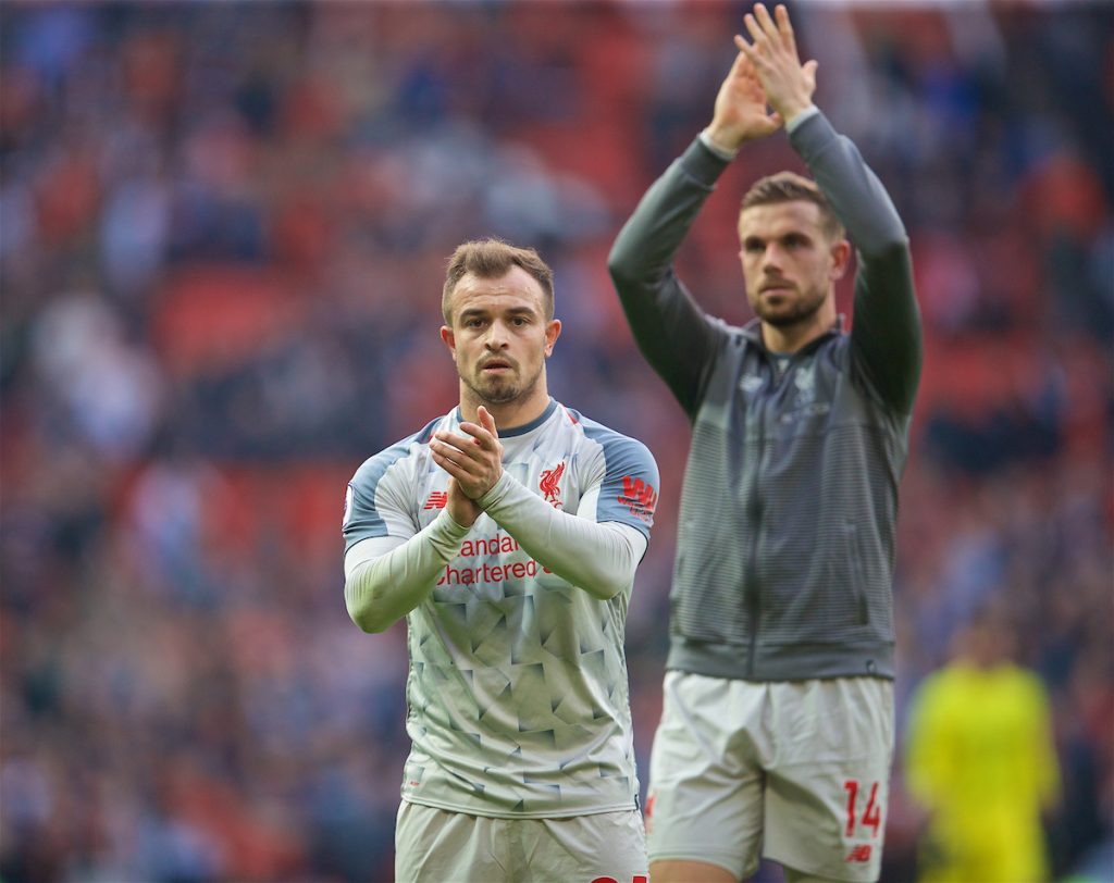 MANCHESTER, ENGLAND - Sunday, February 24, 2019: Liverpool's Xherdan Shaqiri applauds the travelling supporter after the FA Premier League match between Manchester United FC and Liverpool FC at Old Trafford. The game ended in a 0-0 draw. (Pic by David Rawcliffe/Propaganda)