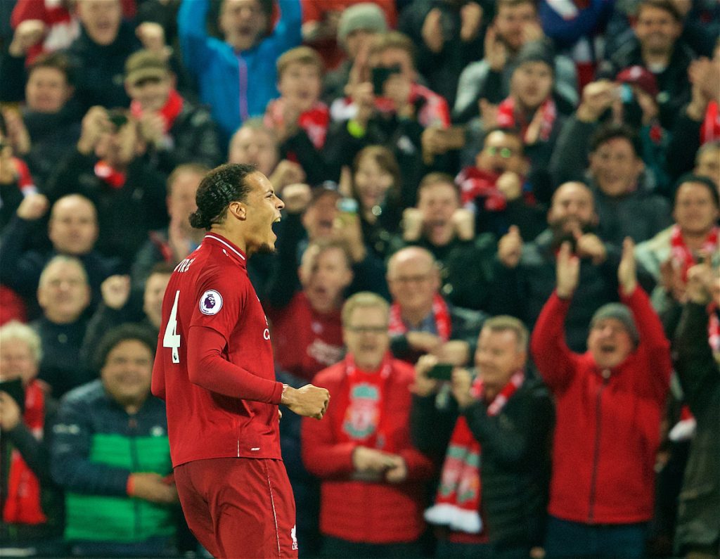 LIVERPOOL, ENGLAND - Wednesday, February 27, 2019: Liverpool's Virgil van Dijk celebrates scoring the fourth goal during the FA Premier League match between Liverpool FC and Watford FC at Anfield. (Pic by Paul Greenwood/Propaganda)