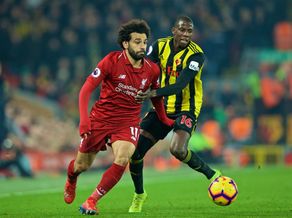 LIVERPOOL, ENGLAND - Wednesday, February 27, 2019: Liverpool's Mohamed Salah (L) and Watford's Abdoulaye Doucouré during the FA Premier League match between Liverpool FC and Watford FC at Anfield. (Pic by Paul Greenwood/Propaganda)