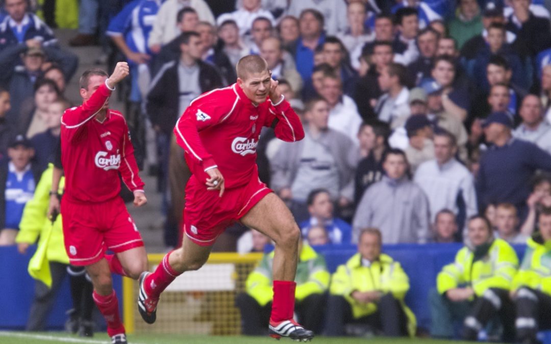 Liverpool's captain Steven Gerrard celebrates scoring against Everton during the Premiership match at Goodison Park