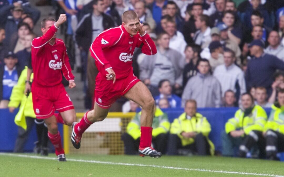 Liverpool's captain Steven Gerrard celebrates scoring against Everton during the Premiership match at Goodison Park