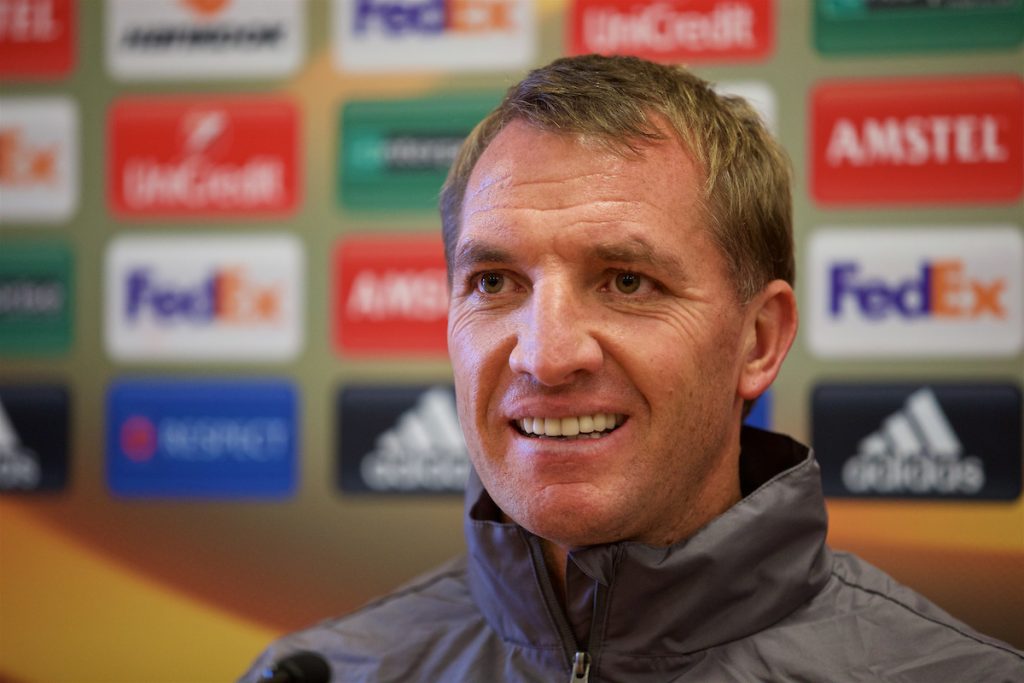 LIVERPOOL, ENGLAND - Wednesday, September 30, 2015: Liverpool's manager Brendan Rodgers during a press conference at Melwood Training Ground ahead of the UEFA Europa League Group Stage Group B match against FC Sion. (Pic by David Rawcliffe/Propaganda)