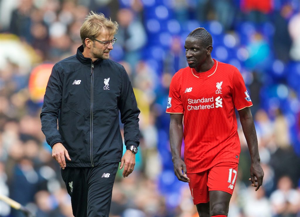 LONDON, ENGLAND - Saturday, October 17, 2015: Liverpool's manager Jürgen Klopp with Mamadou Sakho after the goal-less draw with Tottenham Hotspur the Premier League match at White Hart Lane. (Pic by David Rawcliffe/Kloppaganda)