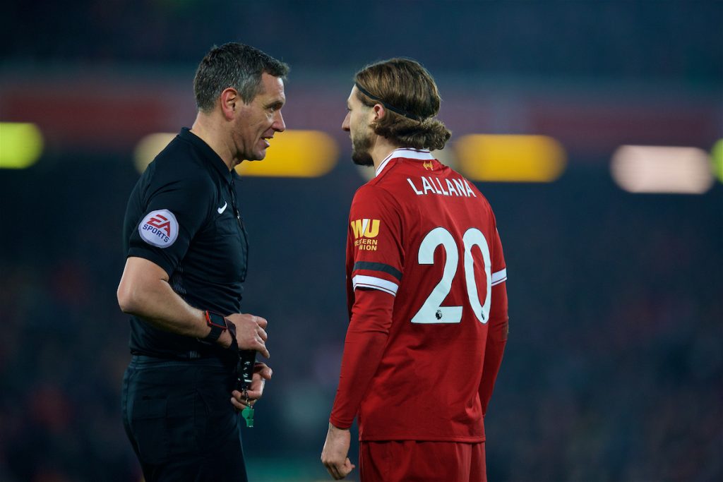 LIVERPOOL, ENGLAND - Sunday, January 14, 2018: Liverpool's Adam Lallana speaks to referee Andre Marriner during the FA Premier League match between Liverpool and Manchester City at Anfield. (Pic by David Rawcliffe/Propaganda)