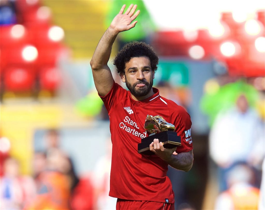 LIVERPOOL, ENGLAND - Sunday, May 13, 2018: Liverpool's Mohamed Salah with the Premier League Golden Boot trophy for finishing the season as the leading League goal-scorer with 32 goals after the FA Premier League match between Liverpool FC and Brighton & Hove Albion FC at Anfield. Liverpool won 4-0 and finished 4th. (Pic by David Rawcliffe/Propaganda)