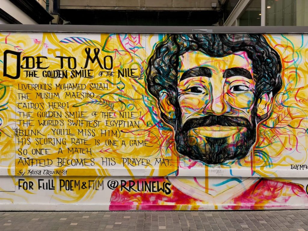 LIVERPOOL, ENGLAND - Friday, June 8, 2018: An "Ode to Mo" poem and street art by Musa Okwonga dedicated to Liverpool and Egypt footballer Mohamed Salah painted on a vacant lot in Liverpool city centre. (Pic by David Rawcliffe/Propaganda)
