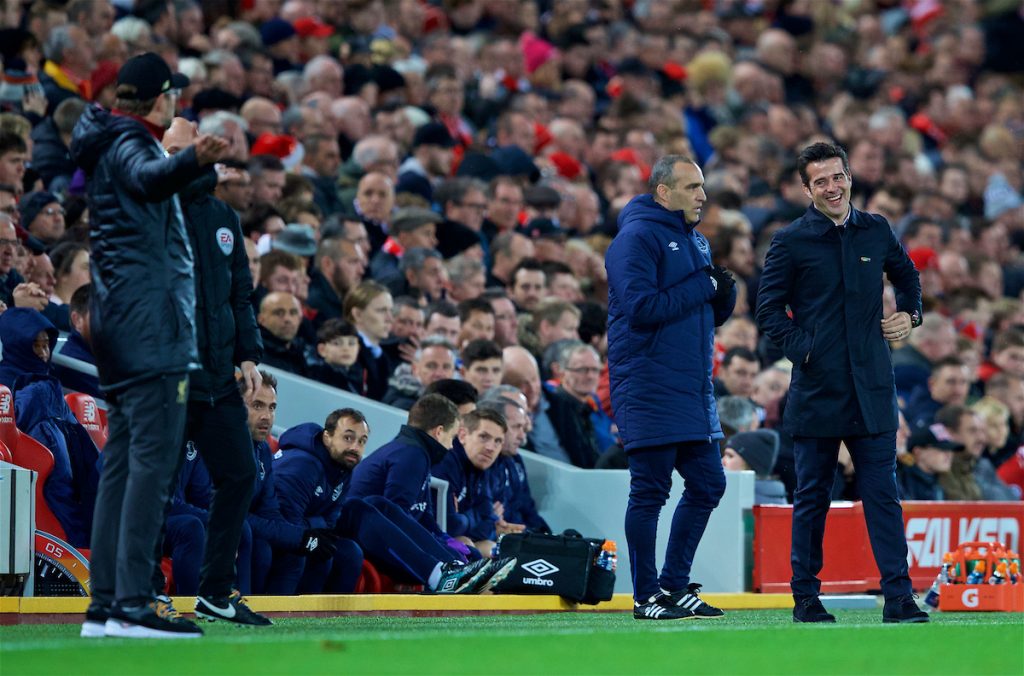 LIVERPOOL, ENGLAND - Sunday, December 2, 2018: Everton's manager Marco Silva (R) laughs with Liverpool's manager Jürgen Klopp during the FA Premier League match between Liverpool FC and Everton FC at Anfield, the 232nd Merseyside Derby. (Pic by Paul Greenwood/Propaganda)