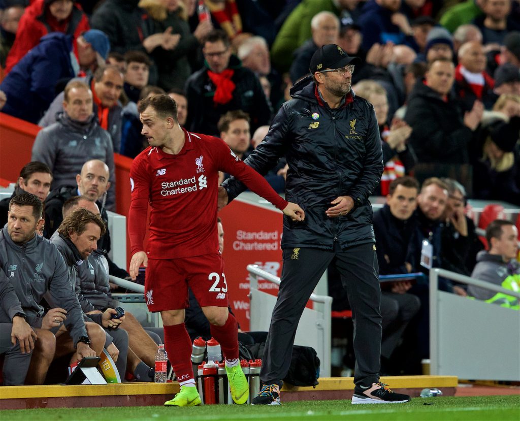 LIVERPOOL, ENGLAND - Sunday, December 2, 2018: Liverpool's manager Jürgen Klopp substitutes Xherdan Shaqiri during the FA Premier League match between Liverpool FC and Everton FC at Anfield, the 232nd Merseyside Derby. (Pic by Paul Greenwood/Propaganda)