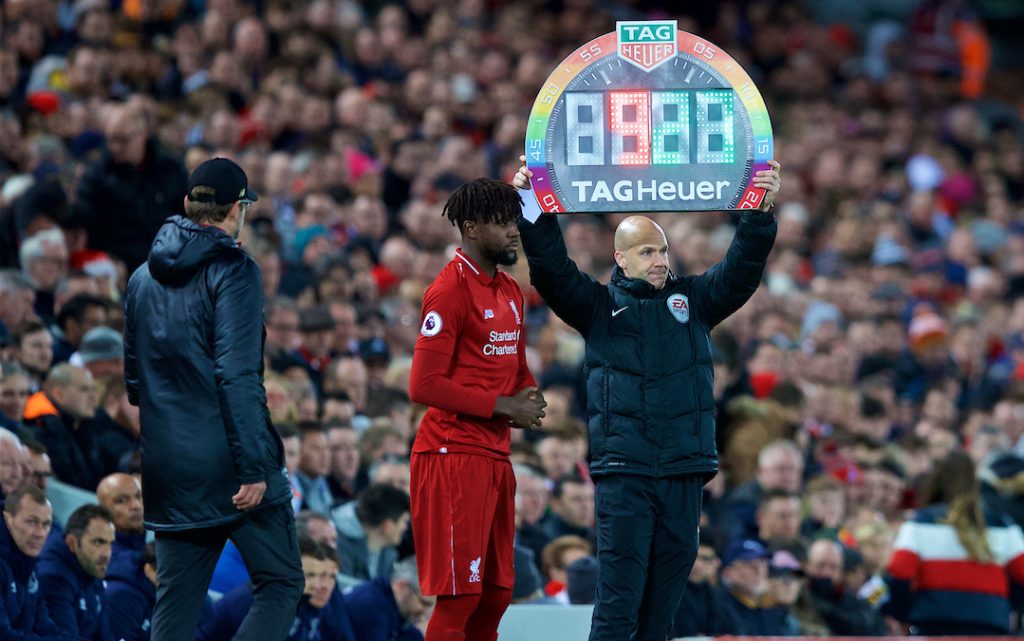 LIVERPOOL, ENGLAND - Sunday, December 2, 2018: Liverpool's Divock Origi prepares to come on as a substitute during the FA Premier League match between Liverpool FC and Everton FC at Anfield, the 232nd Merseyside Derby. (Pic by Paul Greenwood/Propaganda)