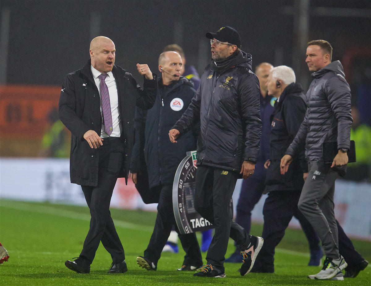 BURNLEY, ENGLAND - Wednesday, December 5, 2018: Burnley's manager Sean Dyche and Liverpool's manager Jürgen Klopp exchange words after the FA Premier League match between Burnley FC and Liverpool FC at Turf Moor. Liverpool won 3-1. (Pic by David Rawcliffe/Propaganda)