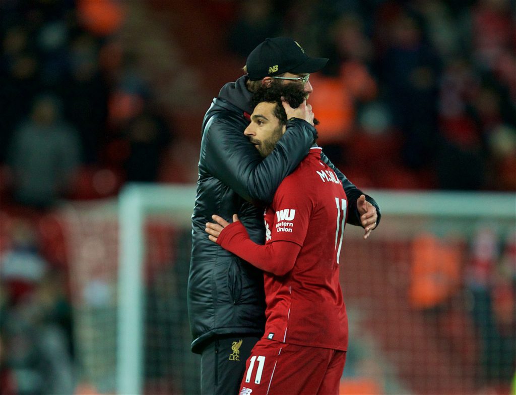 LIVERPOOL, ENGLAND - Wednesday, January 30, 2019: Liverpool's Mohamed Salah is embraced by manager Jürgen Klopp after the FA Premier League match between Liverpool FC and Leicester City FC at Anfield. The game ended in a 1-1 draw. (Pic by David Rawcliffe/Propaganda)