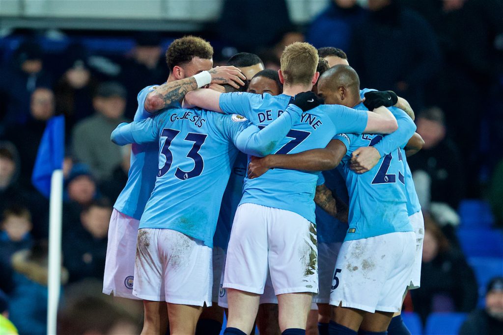 LIVERPOOL, ENGLAND - Wednesday, February 6, 2019: Manchester City players celebrate the second goal during the FA Premier League match between Everton FC and Manchester City FC at Goodison Park. (Pic by David Rawcliffe/Propaganda)