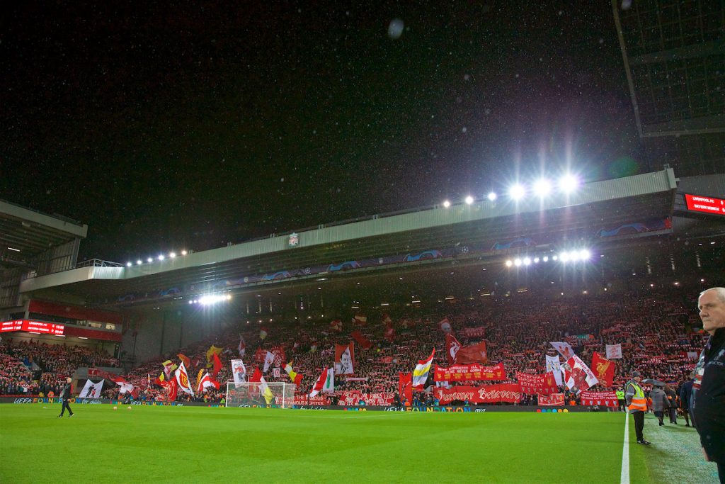 LIVERPOOL, ENGLAND - Tuesday, February 19, 2019: Liverpool supporters on the Spion Kop sing "You'll Never Walk Alone" before the UEFA Champions League Round of 16 1st Leg match between Liverpool FC and FC Bayern München at Anfield. (Pic by David Rawcliffe/Propaganda)