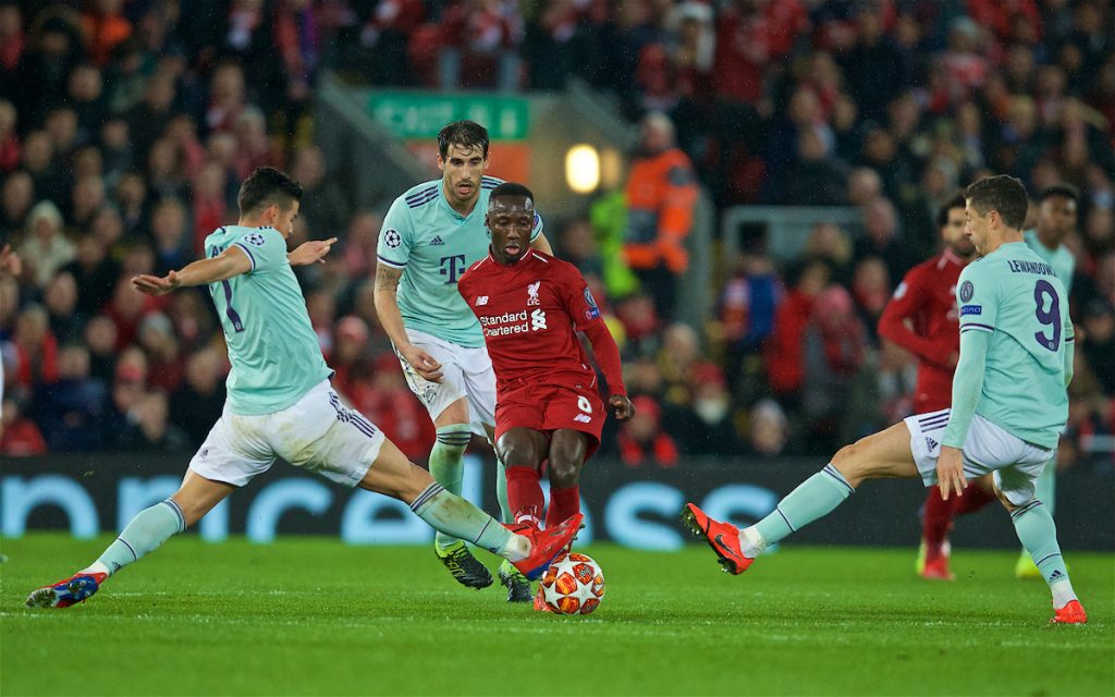 LIVERPOOL, ENGLAND - Tuesday, February 19, 2019: Liverpool's Naby Keita (C) evades the challenge of two FC Bayern Munich players during the UEFA Champions League Round of 16 1st Leg match between Liverpool FC and FC Bayern München at Anfield. (Pic by David Rawcliffe/Propaganda)