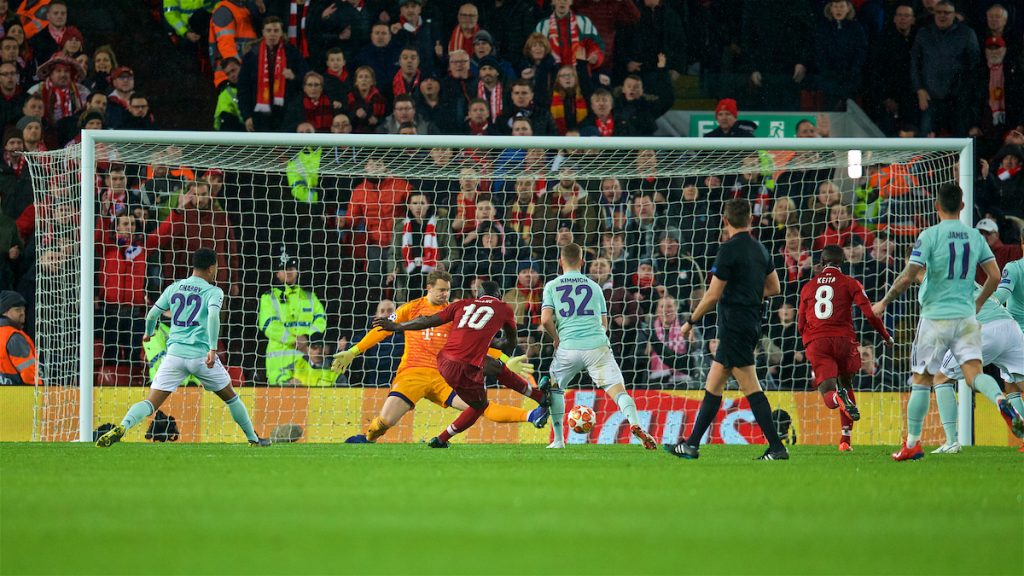 LIVERPOOL, ENGLAND - Tuesday, February 19, 2019: Liverpool's Sadio Mane sees his shot saved by FC Bayern Munich's goalkeeper Manuel Neuer during the UEFA Champions League Round of 16 1st Leg match between Liverpool FC and FC Bayern München at Anfield. (Pic by David Rawcliffe/Propaganda)