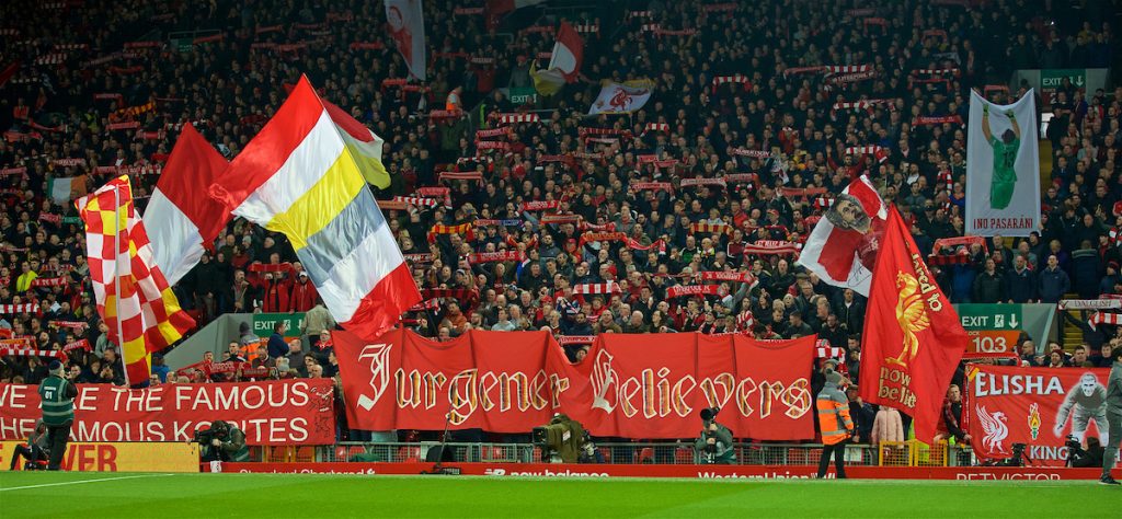 LIVERPOOL, ENGLAND - Wednesday, February 27, 2019: Liverpool supporters on the Spion Kop with banners before the FA Premier League match between Liverpool FC and Watford FC at Anfield. (Pic by Paul Greenwood/Propaganda)