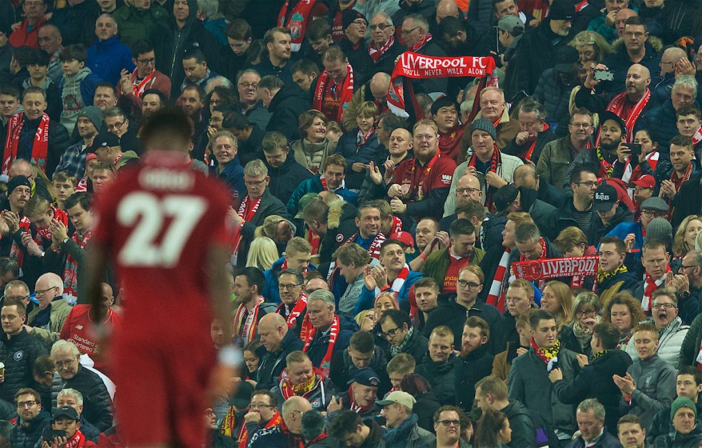 LIVERPOOL, ENGLAND - Wednesday, February 27, 2019: Liverpool supporters during the FA Premier League match between Liverpool FC and Watford FC at Anfield. (Pic by Paul Greenwood/Propaganda)