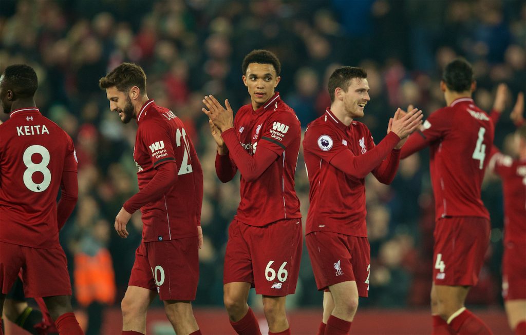 LIVERPOOL, ENGLAND - Wednesday, February 27, 2019: Liverpool's Trent Alexander-Arnold and Andy Robertson celebrate after the 5-0 victory during the FA Premier League match between Liverpool FC and Watford FC at Anfield. (Pic by Paul Greenwood/Propaganda)