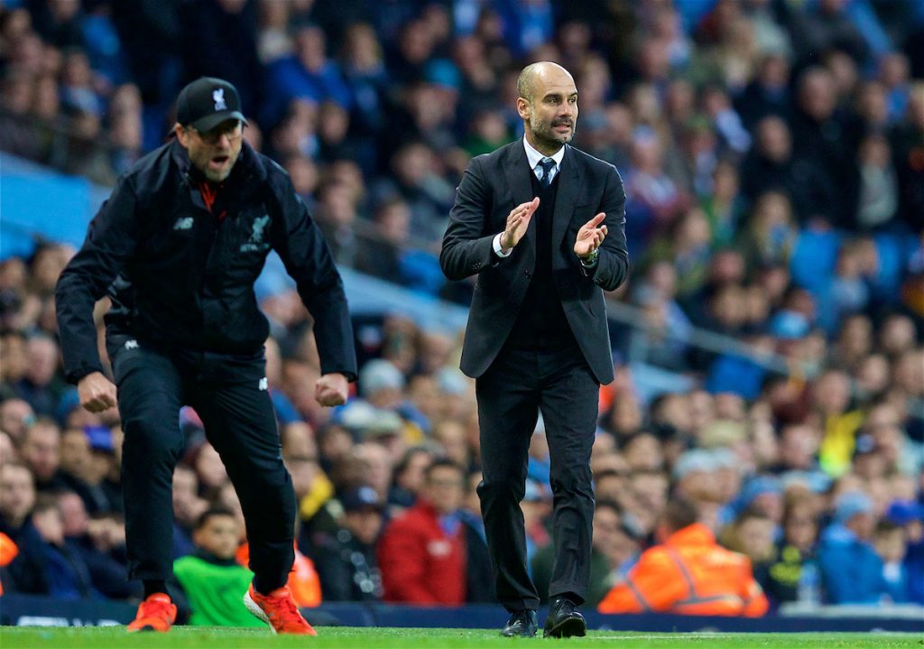 MANCHESTER, ENGLAND - Sunday, March 19, 2017: Manchester City's manager Pep Guardiola and Liverpool's manager Jürgen Klopp during the FA Premier League match at the City of Manchester Stadium. (Pic by David Rawcliffe/Propaganda)
