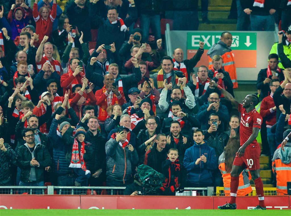 LIVERPOOL, ENGLAND - Wednesday, February 27, 2019: Liverpool's Sadio Mane celebrates scoring the first goal with supporters during the FA Premier League match between Liverpool FC and Watford FC at Anfield. (Pic by Paul Greenwood/Propaganda)