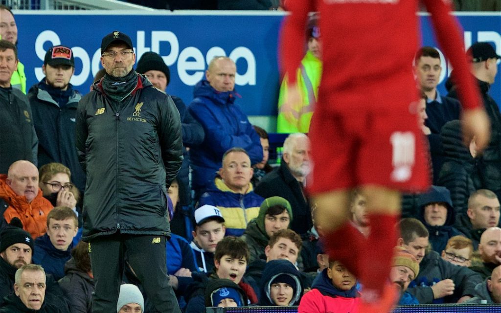 LIVERPOOL, ENGLAND - Sunday, March 3, 2019: Liverpool's manager J¸rgen Klopp looks on at Mohamed Salah during the FA Premier League match between Everton FC and Liverpool FC, the 233rd Merseyside Derby, at Goodison Park. (Pic by Paul Greenwood/Propaganda)