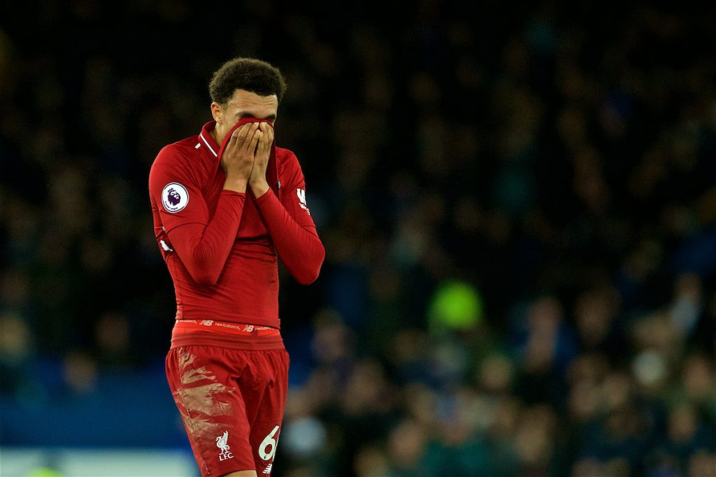 LIVERPOOL, ENGLAND - Sunday, March 3, 2019: Liverpool's Trent Alexander-Arnold looks dejected after the goal-less draw during the FA Premier League match between Everton FC and Liverpool FC, the 233rd Merseyside Derby, at Goodison Park. (Pic by Paul Greenwood/Propaganda)