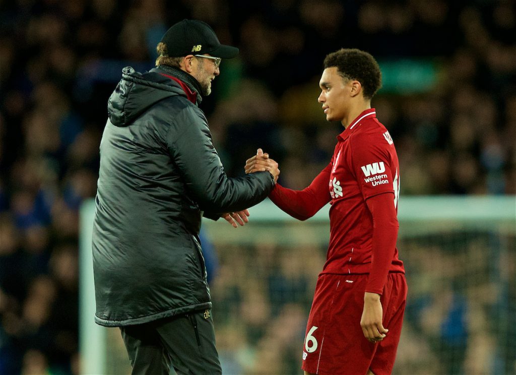 LIVERPOOL, ENGLAND - Sunday, March 3, 2019: Liverpool's manager Jürgen Klopp shakes hands with Trent Alexander-Arnold after the goal-less draw during the FA Premier League match between Everton FC and Liverpool FC, the 233rd Merseyside Derby, at Goodison Park. (Pic by Paul Greenwood/Propaganda)