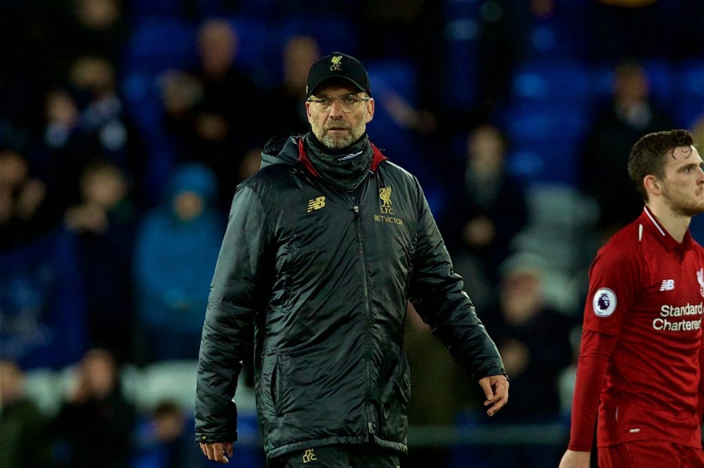 LIVERPOOL, ENGLAND - Sunday, March 3, 2019: Liverpool's manager J¸rgen Klopp looks dejected after the goal-less draw during the FA Premier League match between Everton FC and Liverpool FC, the 233rd Merseyside Derby, at Goodison Park. (Pic by Paul Greenwood/Propaganda)