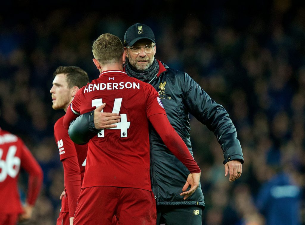 LIVERPOOL, ENGLAND - Sunday, March 3, 2019: Liverpool's manager Jürgen Klopp embraces captain Jordan Henderson after the goal-less draw during the FA Premier League match between Everton FC and Liverpool FC, the 233rd Merseyside Derby, at Goodison Park. (Pic by Paul Greenwood/Propaganda)