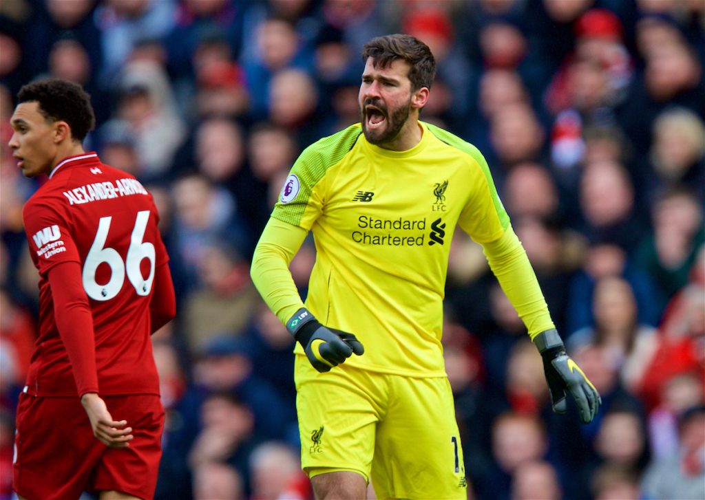 LIVERPOOL, ENGLAND - Saturday, March 9, 2019: Liverpool's goalkeeper Alisson Becker looks dejected after the referee refused to award a foul leading to Burnleys opening goal during the FA Premier League match between Liverpool FC and Burnley FC at Anfield. (Pic by David Rawcliffe/Propaganda)