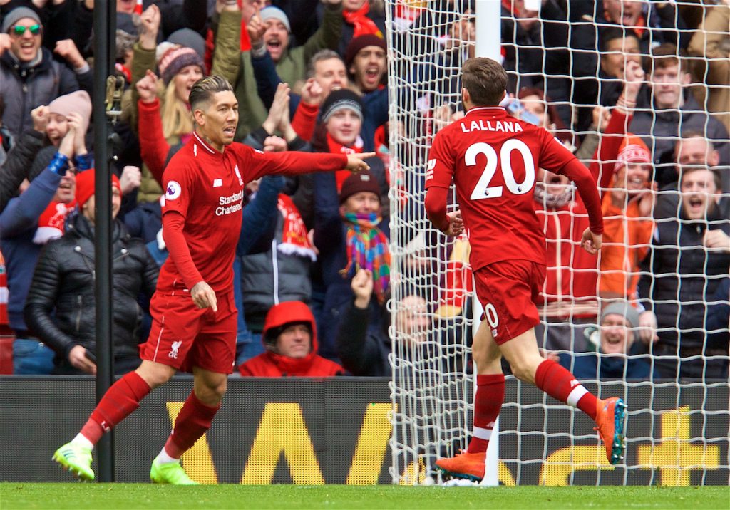 LIVERPOOL, ENGLAND - Saturday, March 9, 2019: Liverpool's Roberto Firmino celebrates scoring the first equalising goal with team-mate Adam Lallana during the FA Premier League match between Liverpool FC and Burnley FC at Anfield. (Pic by David Rawcliffe/Propaganda)