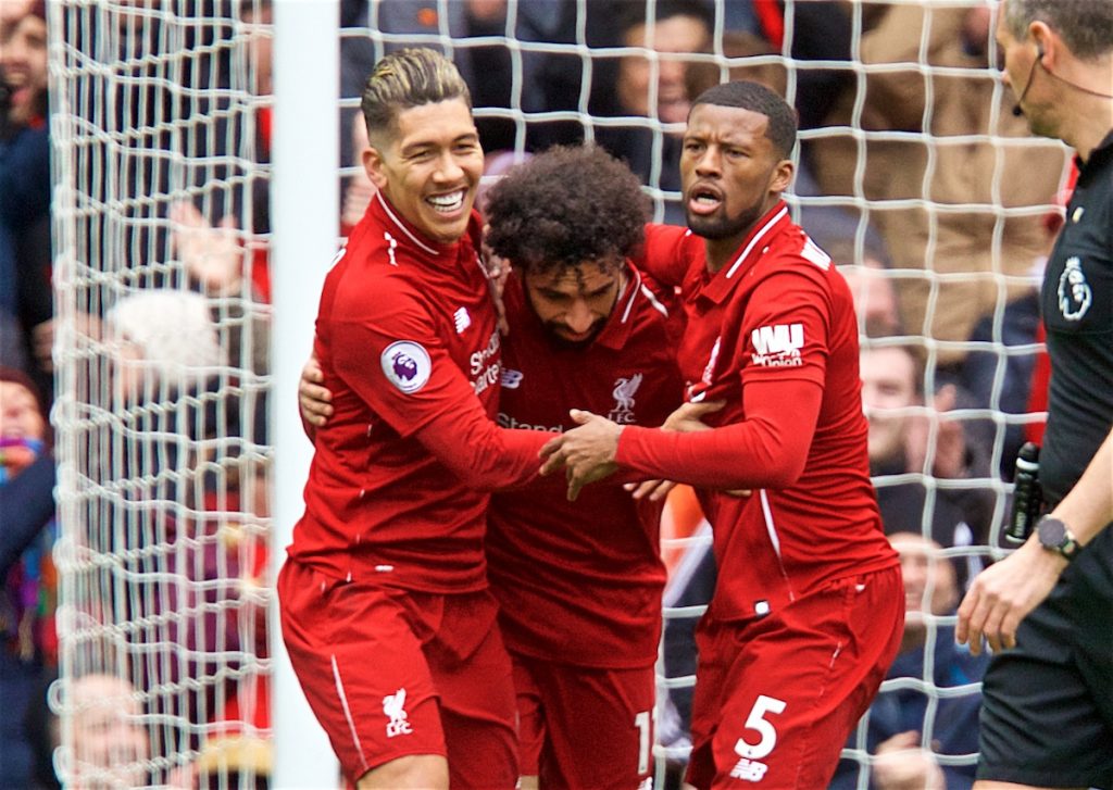 LIVERPOOL, ENGLAND - Saturday, March 9, 2019: Liverpool's Roberto Firmino (L) celebrates scoring the first equalising goal with team-mates Mohamed Salah (C) and Georginio Wijnaldum (R) during the FA Premier League match between Liverpool FC and Burnley FC at Anfield. (Pic by David Rawcliffe/Propaganda)