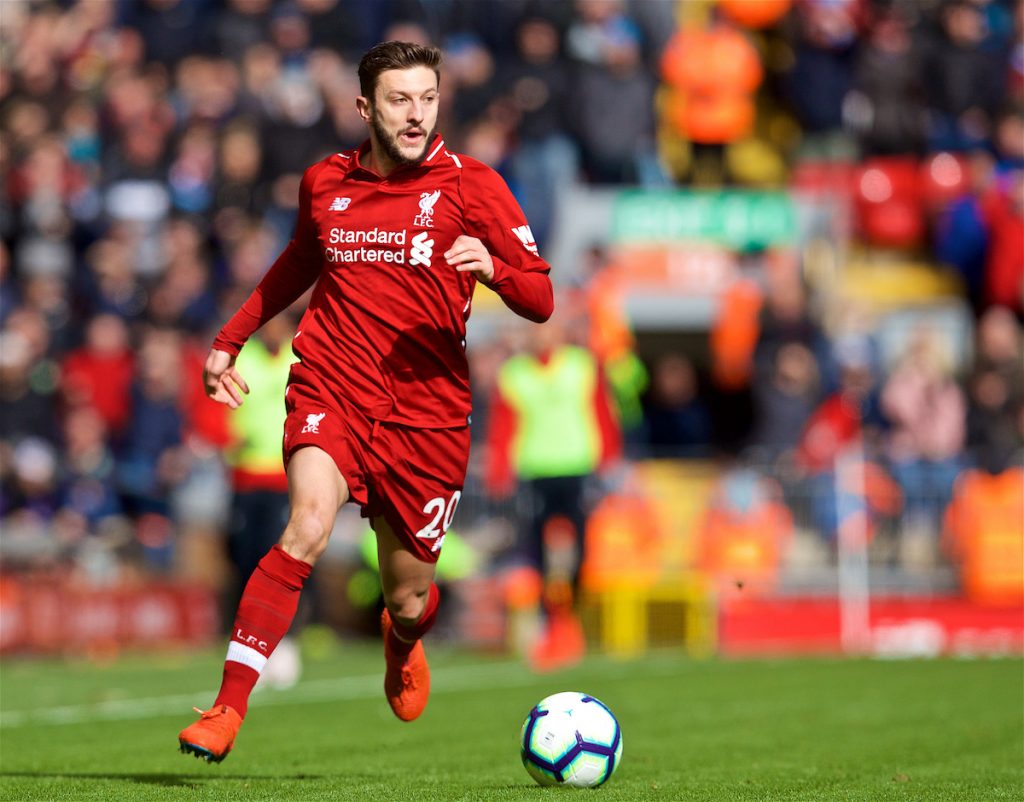 LIVERPOOL, ENGLAND - Saturday, March 9, 2019: Liverpool's Adam Lallana during the FA Premier League match between Liverpool FC and Burnley FC at Anfield. (Pic by David Rawcliffe/Propaganda)