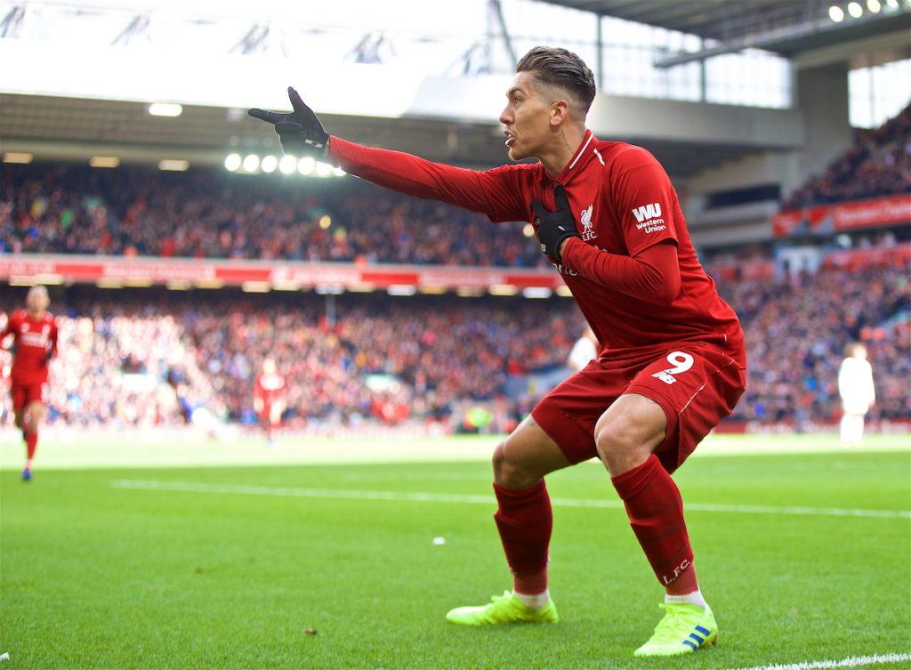 LIVERPOOL, ENGLAND - Saturday, March 9, 2019: Liverpool's Roberto Firmino celebrates scoring the third goal during the FA Premier League match between Liverpool FC and Burnley FC at Anfield. (Pic by David Rawcliffe/Propaganda)