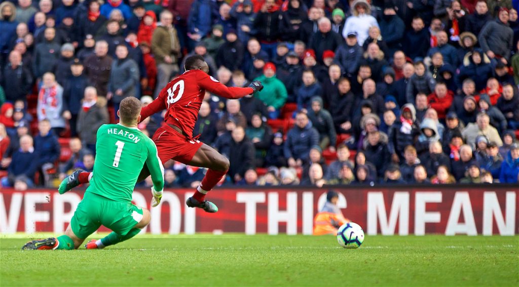 LIVERPOOL, ENGLAND - Saturday, March 9, 2019: Liverpool's Sadio Mane on his way to score the fourth goal during the FA Premier League match between Liverpool FC and Burnley FC at Anfield. (Pic by David Rawcliffe/Propaganda)